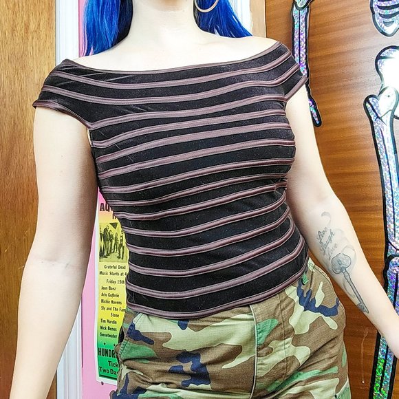 JS Collections Tops - Vintage 90s Brown Velvet Striped Boatneck Top